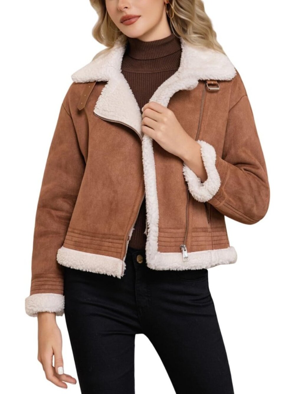 Women's Brown Polyurethane Faux Shearing Fur Thick Lined Winter Leather Jacket